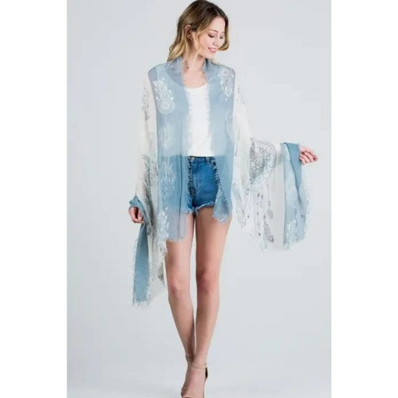 Light Blue White Dream Catcher Lightweight Frayed Scarf Wrap - Picture 4 of 7